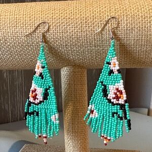 Turquoise Floral Seed Bead Fringe Earrings